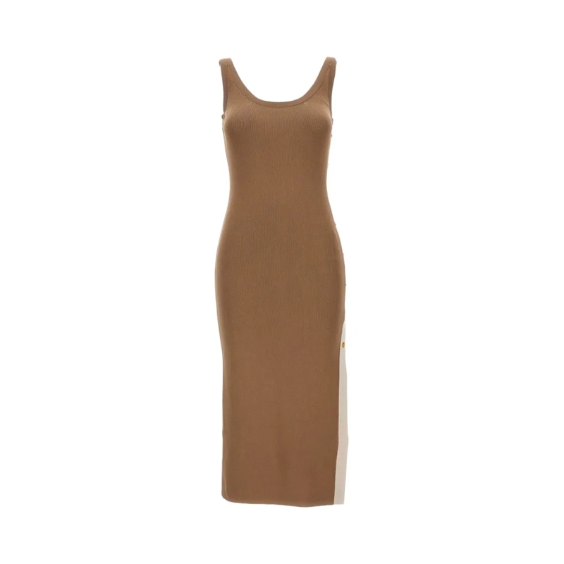 Elisabetta Franchi Midi-jurk Sleeveless Fitted Ribbed Knit Long Dress Neutrals