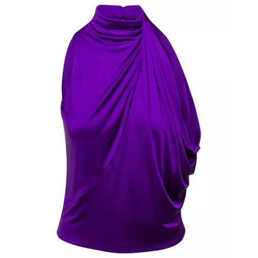 Versace Purple Halterneck Top With Diagonal Cut-Out In Vis Purple 