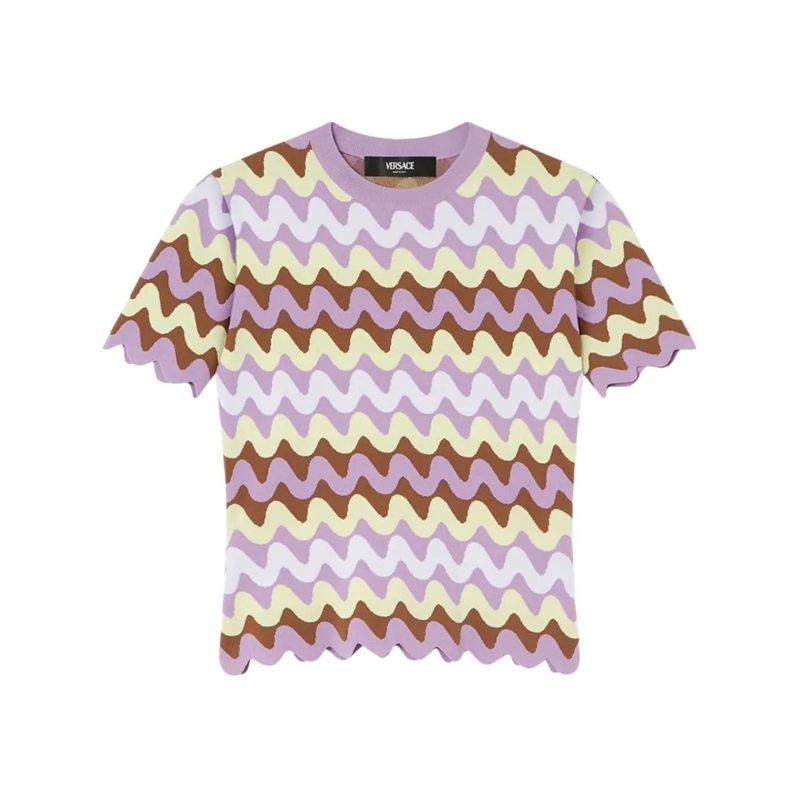 Versace Pullover Zigzag Embroidered Short-Sleeved Sweater Purple