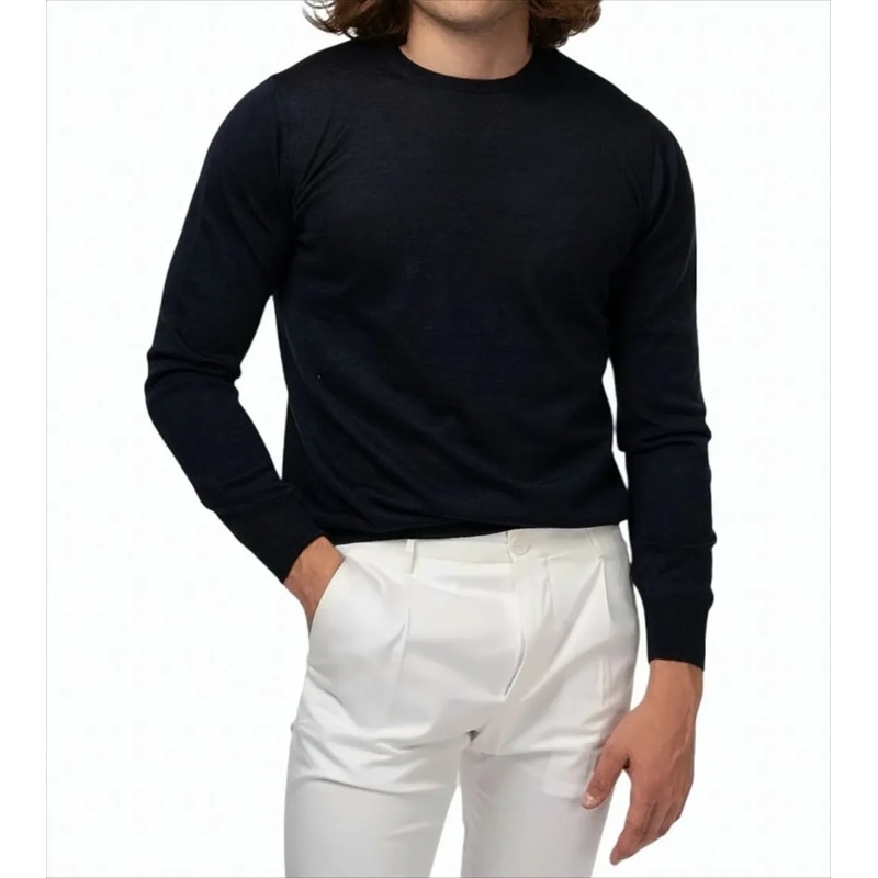 Gran Sasso Trui Black Crew Neck Sweater In Extra Virgin Wool White