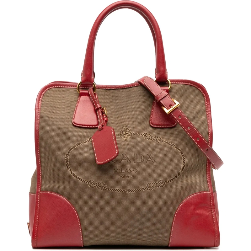 Prada Schultertasche Saffiano Trimmed Canvas Canapa Logo Satchel braun