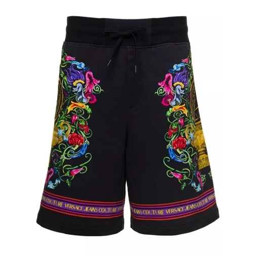 Versace Jeans Couture Black Shorts With Floreal And Logo Lettering Print Black Kurze Hosen