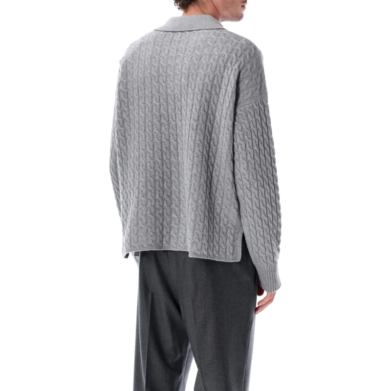 AMI Paris Trui Cable Knit Polo Sweater Grey