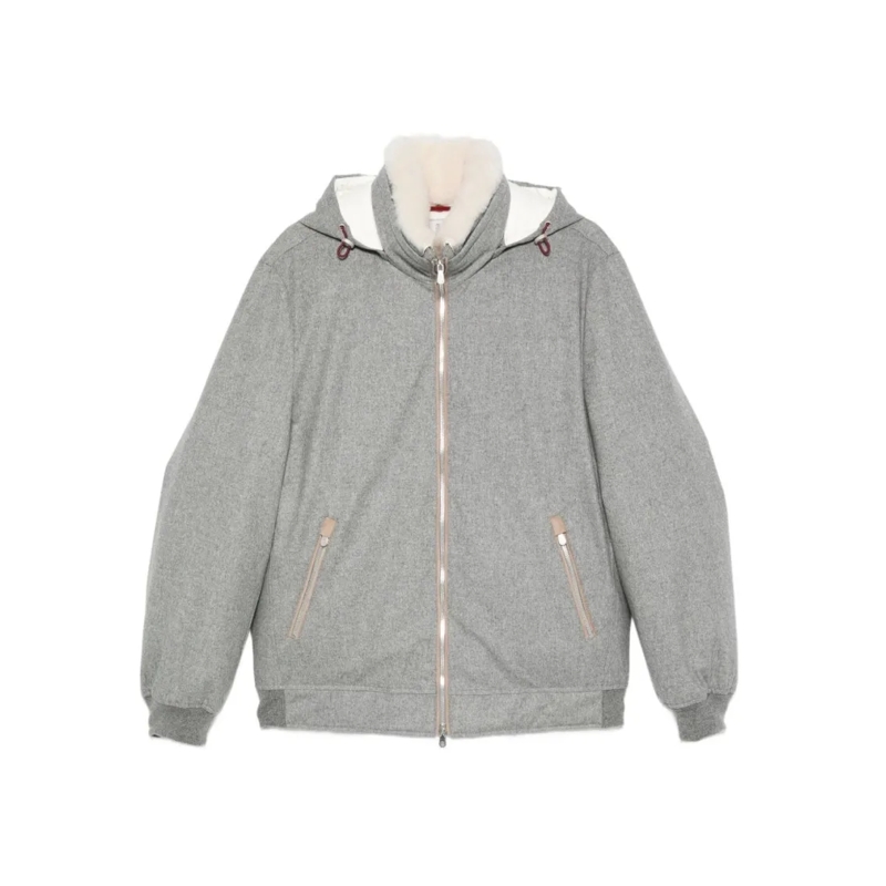 Brunello Cucinelli Parka Textured Grey Coat With Plush Hood And Zippered Po Grey