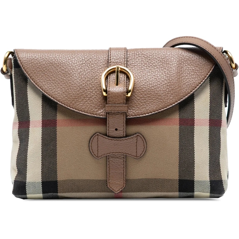 Burberry Schultertasche Small House Check Canvas and Leather Horseshoe Mil braun