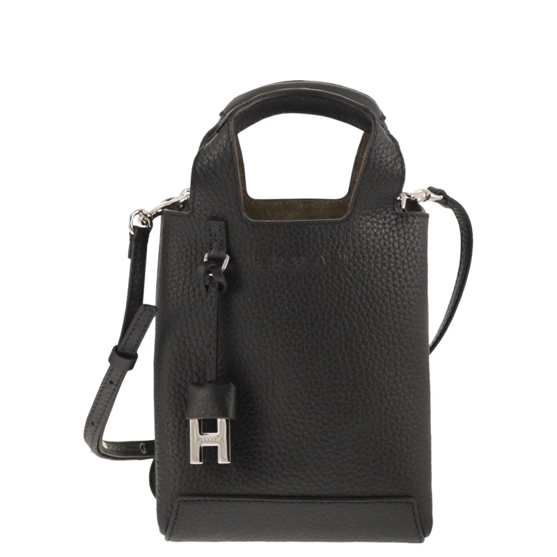 Hogan Tote Mini Handbag In Hammered Leather With Dual Compart Black