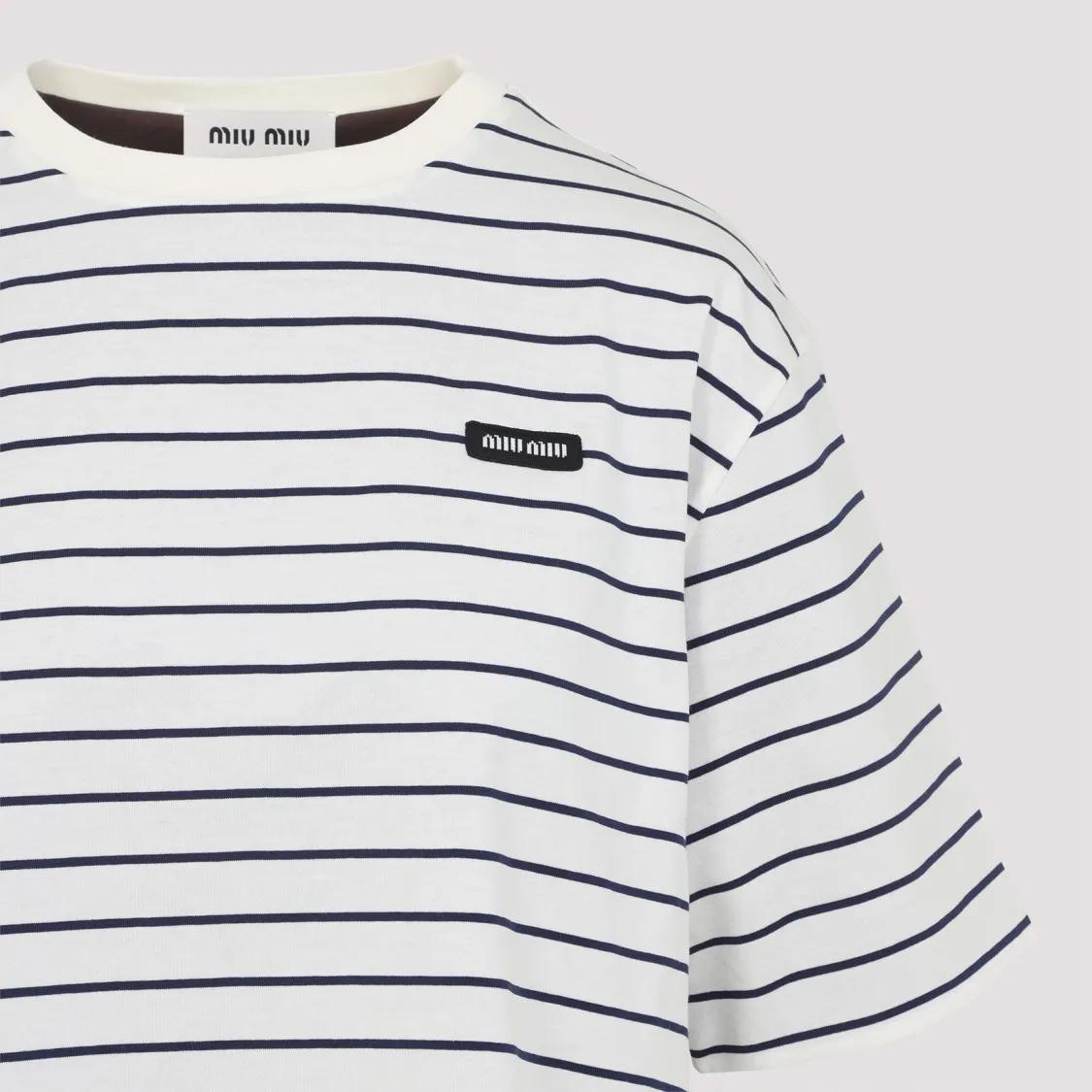 Miu Miu Horizontal Stripe Cotton T-Shirt White | T-Shirt