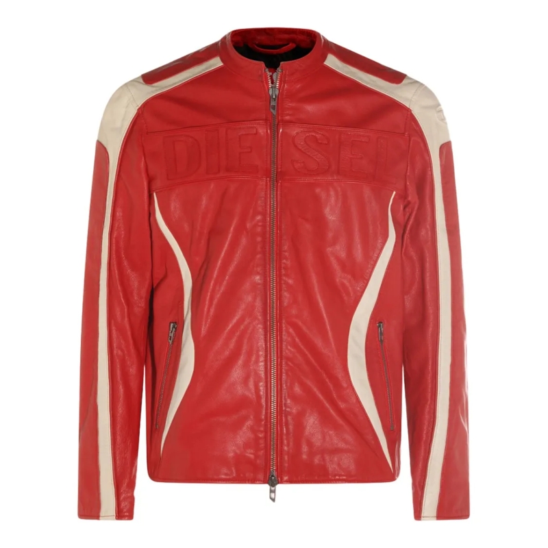 Diesel Bomberjacke Red Leather Jacket With Cream Panels Red