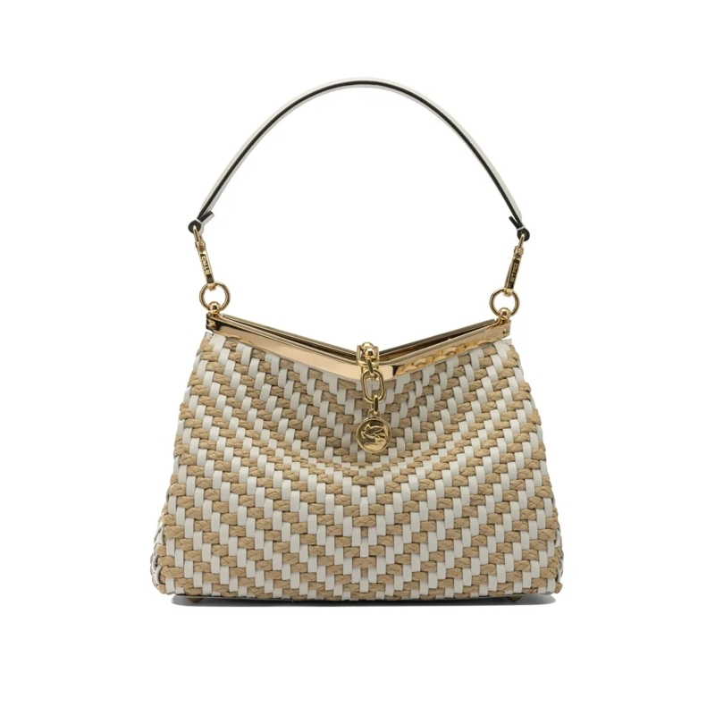 Etro Schultertasche Compact Structured Shoulder Bag With Woven Raffia Neutrals