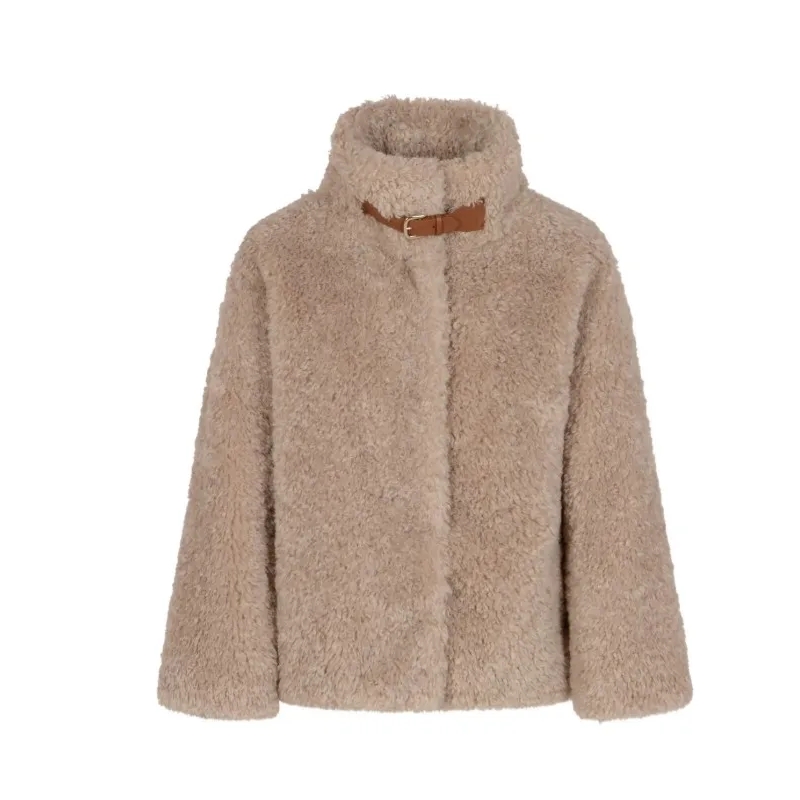 Herno  Teddy Bear Texture Coat With High Collar Pink