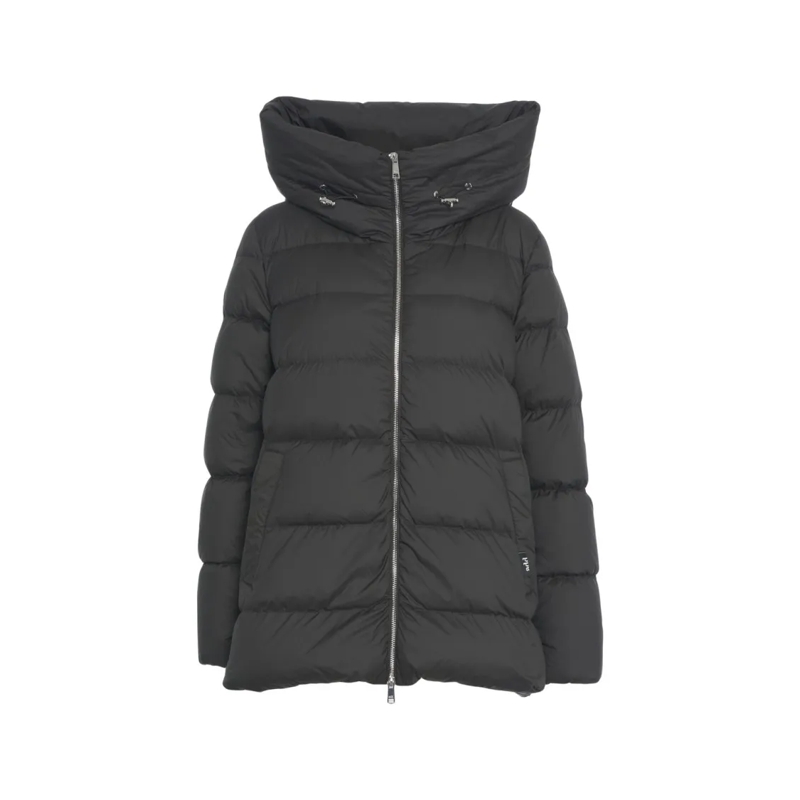 Add  High Collar Puffer Coat With Horizontal Quilting Grey