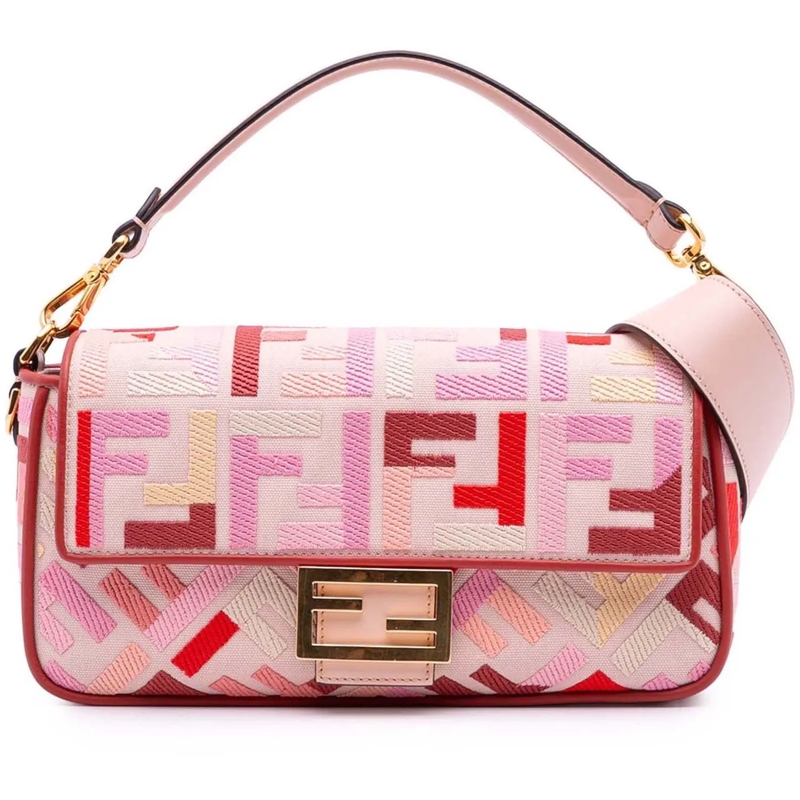 Fendi Schultertasche Zucca Embroidered Canvas Baguette Satchel rose