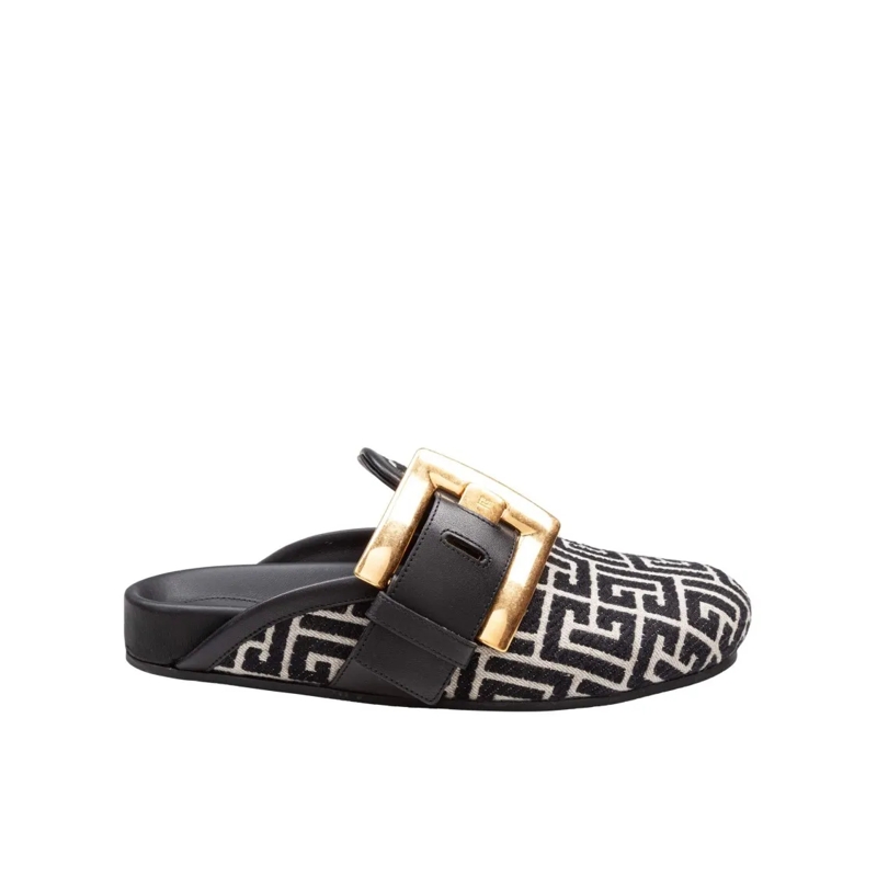 Balmain Mules Flat Mule In Jacquard Canvas Black And Ivory Black