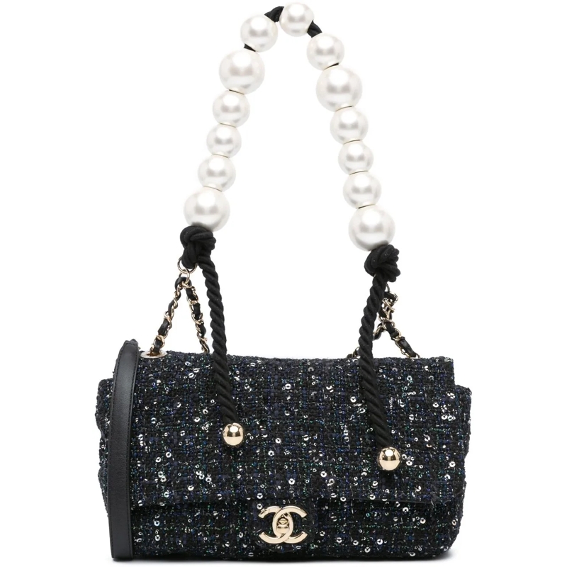 Chanel Fourre-tout Medium Tweed Pearl Handle Flap blau