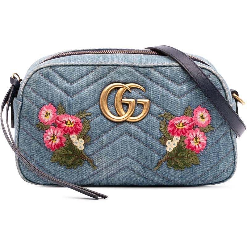 Gucci Schultertasche Small GG Marmont Embroidered Matelasse Denim Cross blau