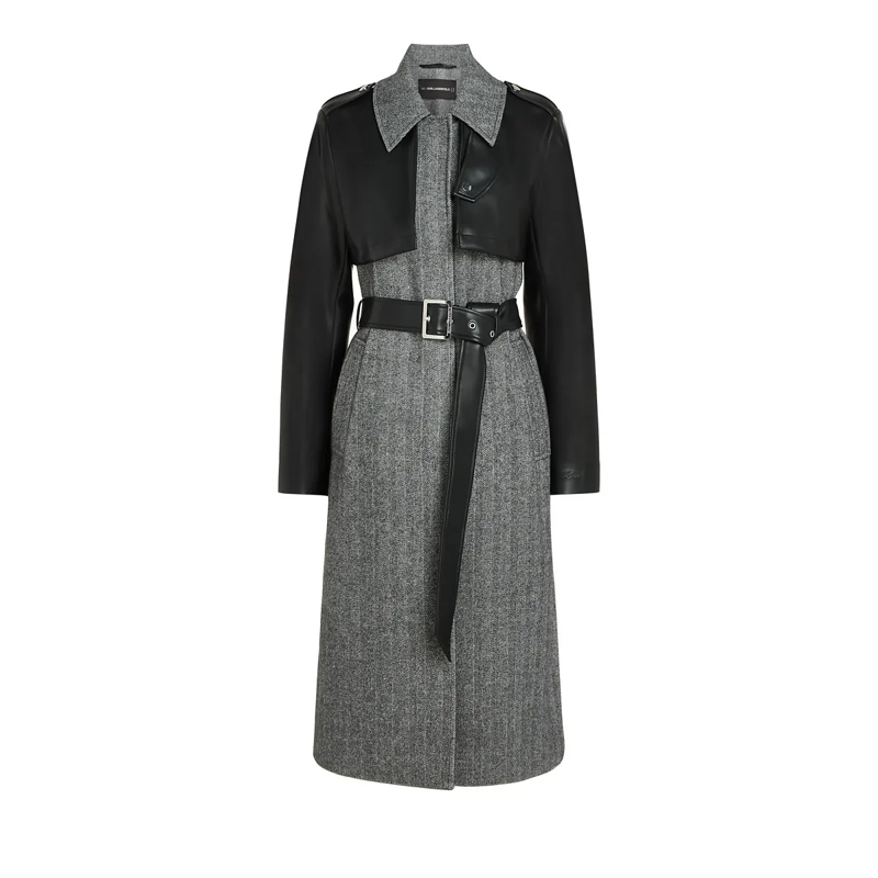 Karl Lagerfeld Daunenjacke Mantel aus Tweed und Kunstleder grau