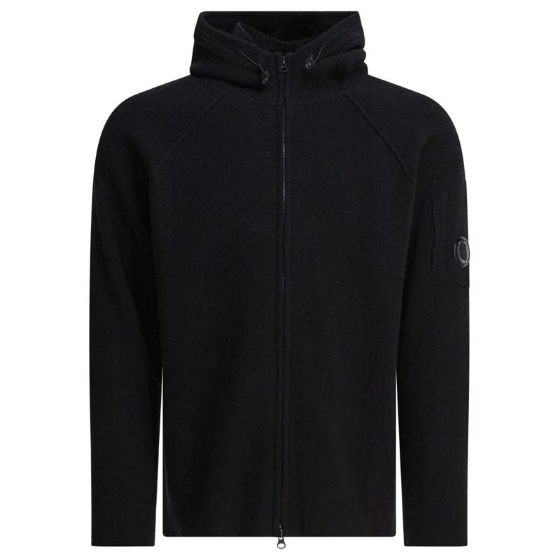 CP Company Cardigan Full-Zip Lambswool Cardigan With Adjustable Hood Black