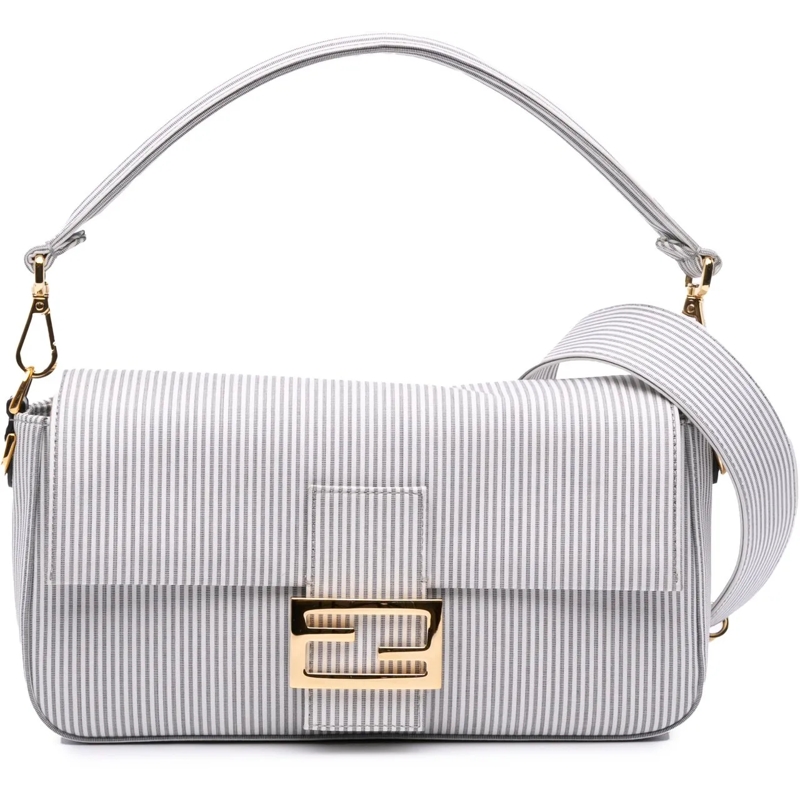 Fendi Schultertasche Medium Striped Canvas Baguette Satchel weiß