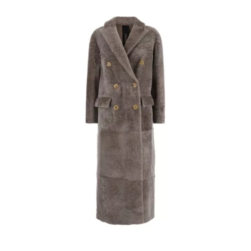 Blancha Brown Long Double Breasted Coat In Shearling Grey 