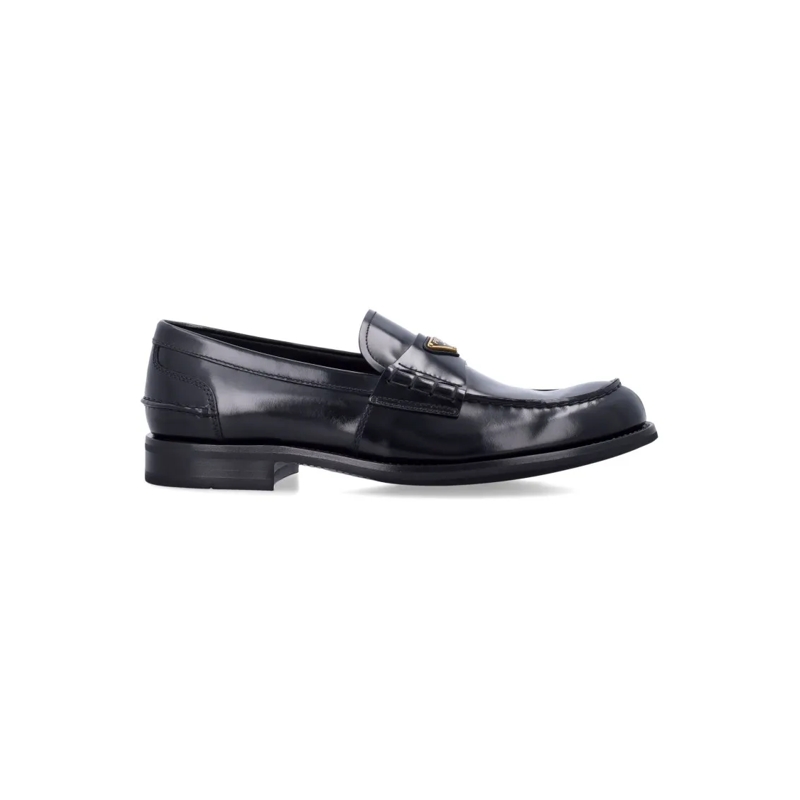 Prada Loafer Brushed Leather Loafers With Enameled Metal Logo Black