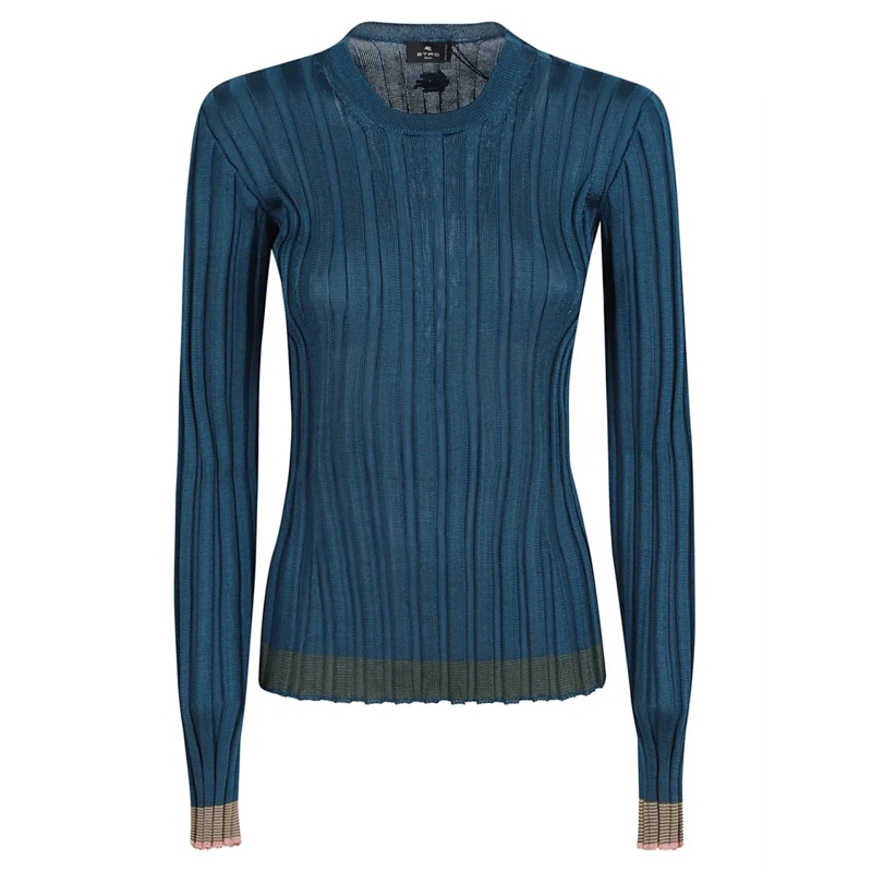 Etro Trui Ribbed Knit Sweater With Contrasting Color Bands Blue