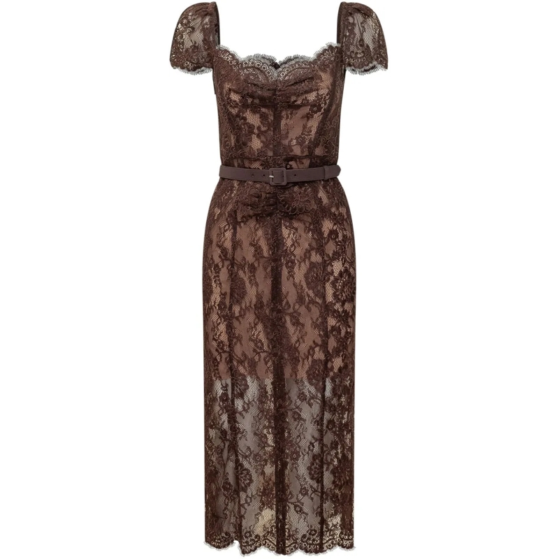 Self Portrait Maxikleid Abito Midi in Pizzo Floreale con Cintura braun