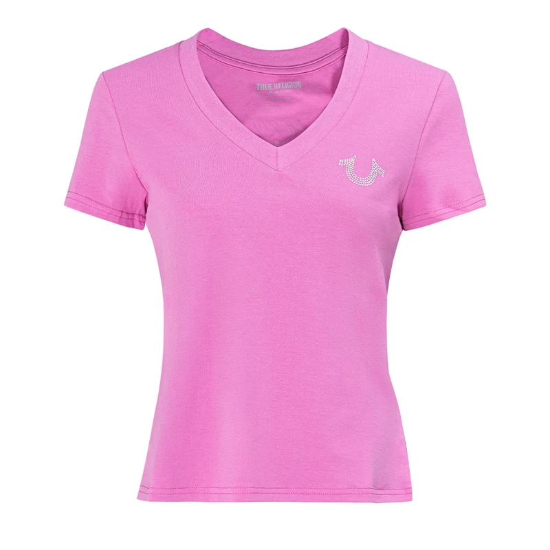 True Religion T-Shirt - T-Shirt- V-Ausschnitt- Markenlogo auf Front-  pink
