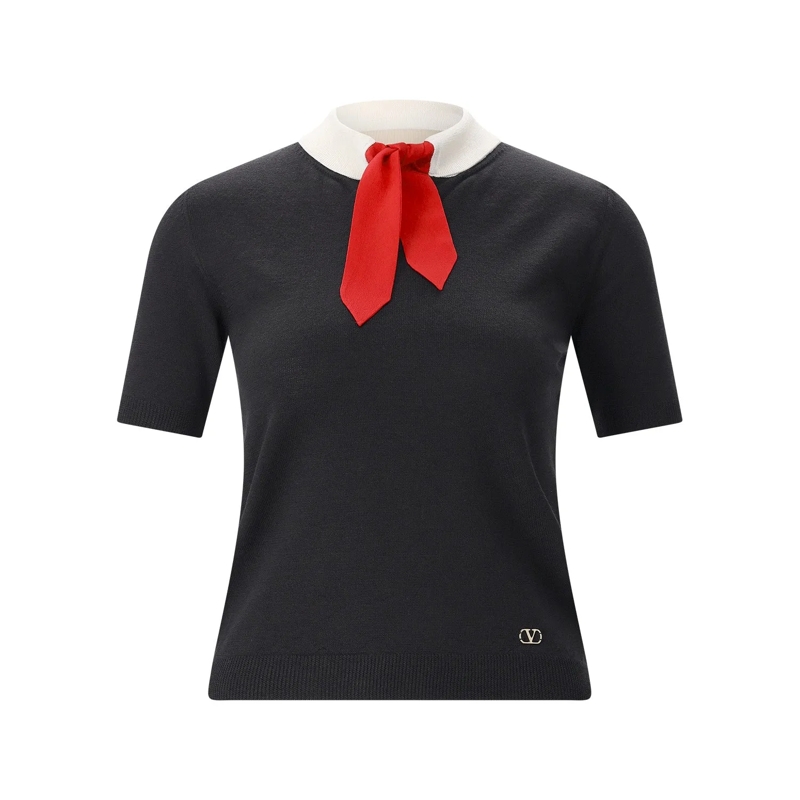 Valentino Garavani T-Shirt Kurzarmpullover mit Seiden-Detail schwarz