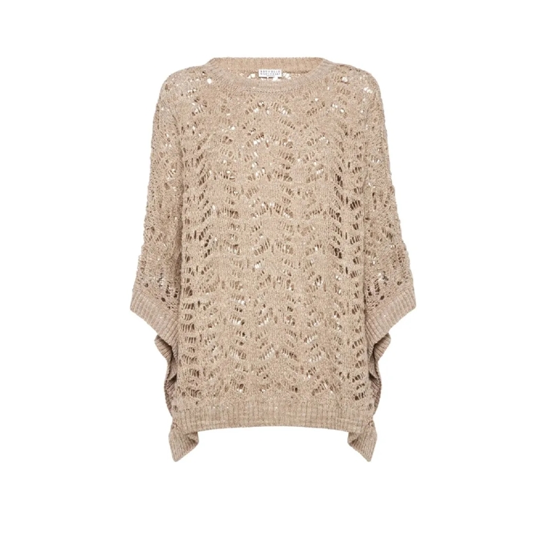 Brunello Cucinelli Pullover Open-Knit Relaxed Top With Wide Sleeves Neutrals