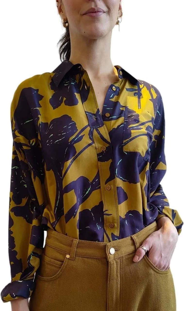 Thumbnail - Essentiel Antwerp - Chemise taupe Fleurs mauves soie Girt Toffee Essen - Größe M - bunt