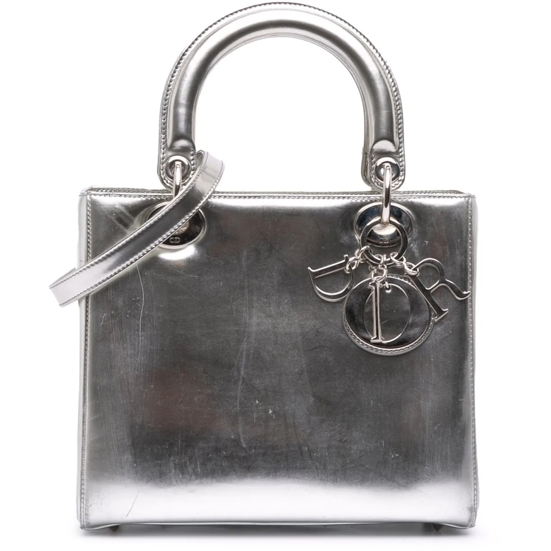 Christian Dior Schultertasche Medium Metallic Patent Lady Dior silber