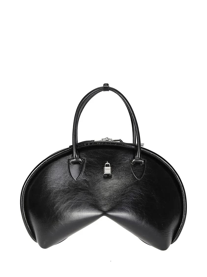 Acne Studios Crossbody bags Curved Black Leather Handbag With Metal Plaque in zwart