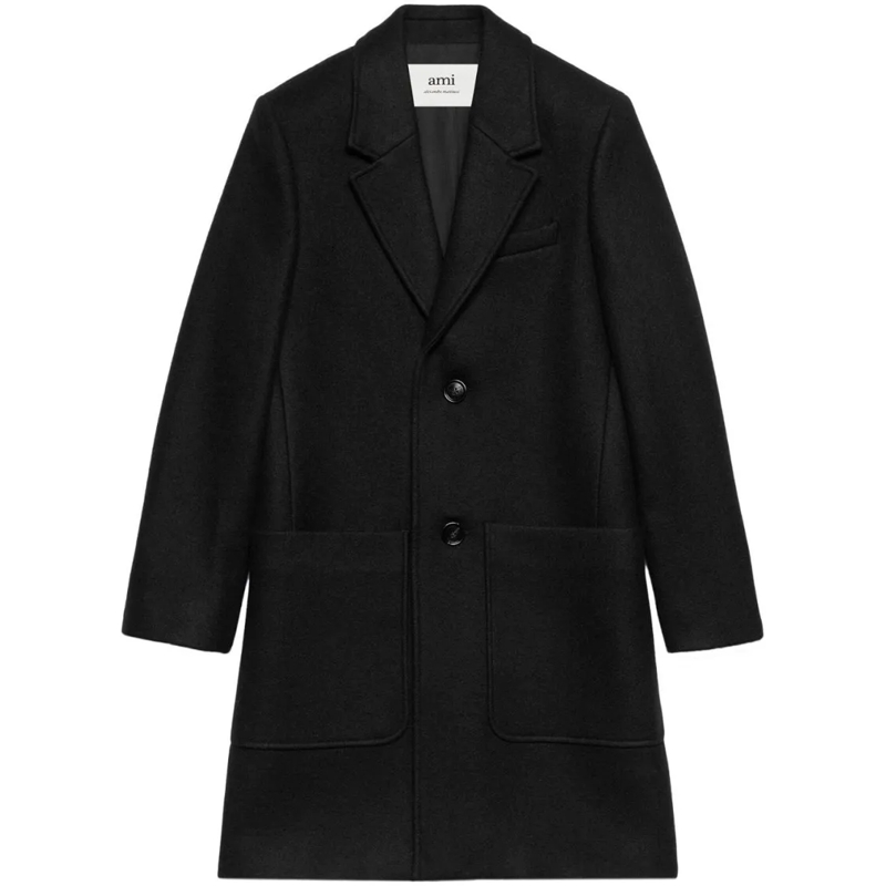 AMI Paris Manteaux de tanche Tailored Black Coat With Notched Lapel Black