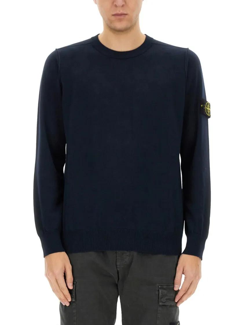 Thumbnail - Stone Island - Black Cotton Jersey With Logo Patch - Größe XL - blau