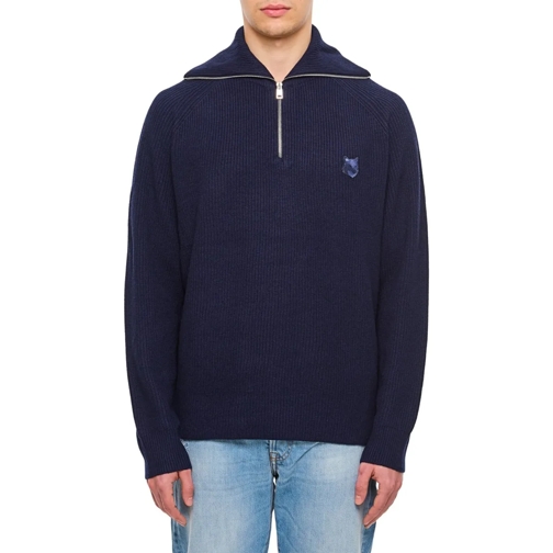 Maison Kitsune Pullover Bold Fox Head Patch Half Zip Ribbed Jumper Blue