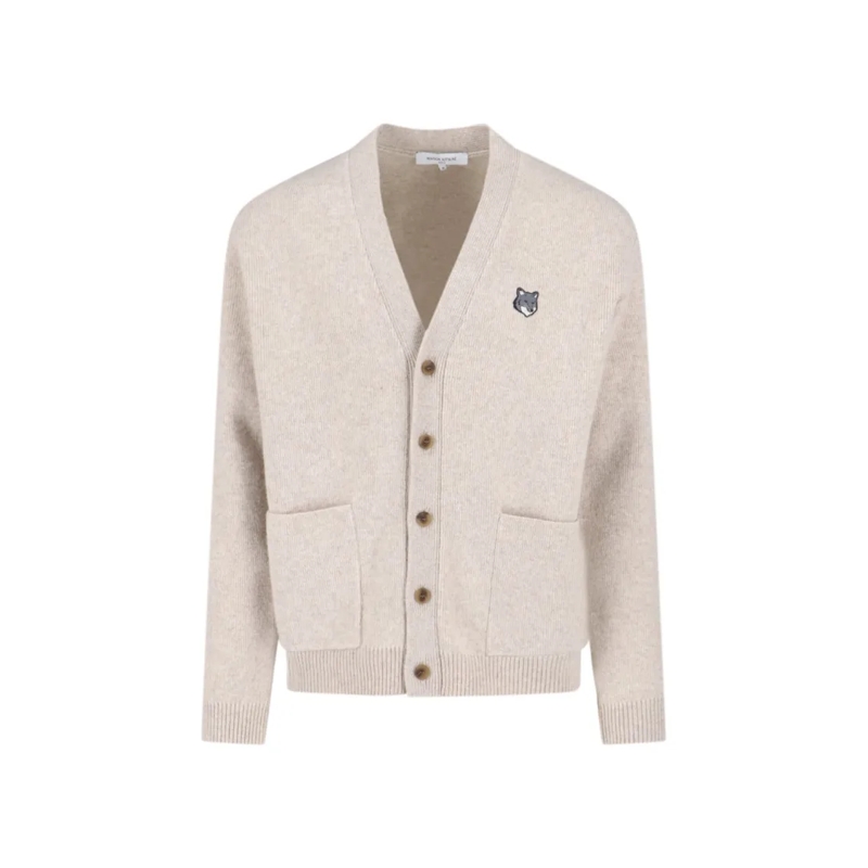 Maison Kitsune Strickjacke "Fox Head" Cardigan, In Beige Wool Neutrals