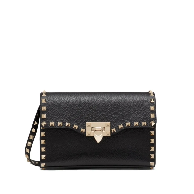 Valentino Garavani Schultertasche Textured Leather Rectangular Bag With Pyramid Stud Black