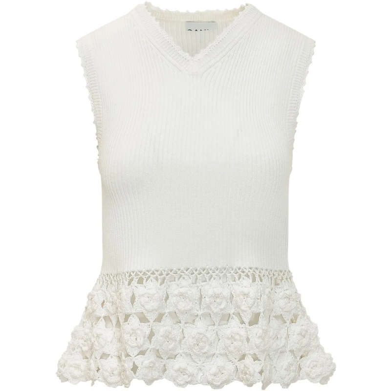 GANNI  Top in Maglia a Coste con Inserto Crochet Floreale weiß