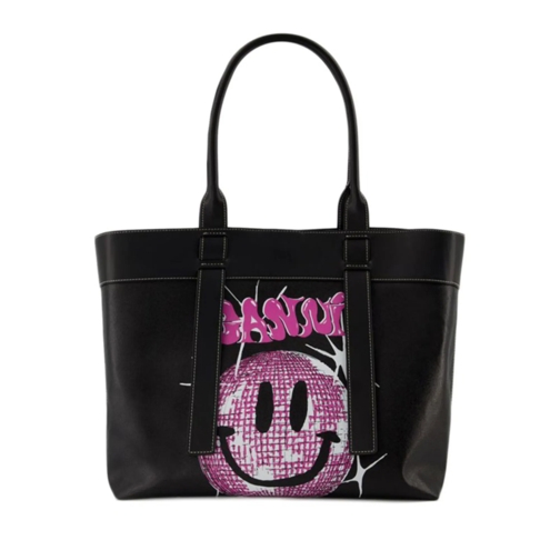 GANNI Tote Canvas Medium Tote Bag  - Phantom - Leather Black