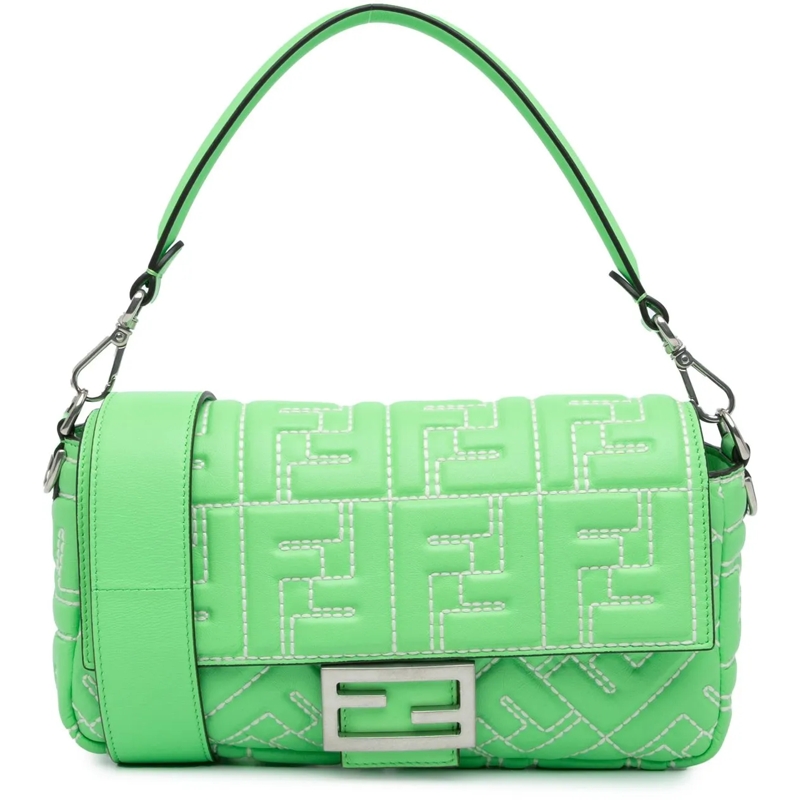 Fendi Schultertasche Zucca Embossed Stitched Leather Baguette Satchel grün