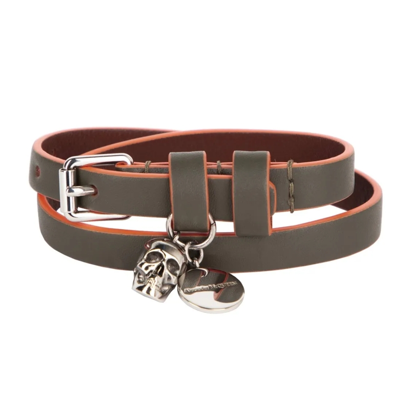 Alexander McQueen Armband Graffiti Skull Leather Wrap Bracelet In Green Green