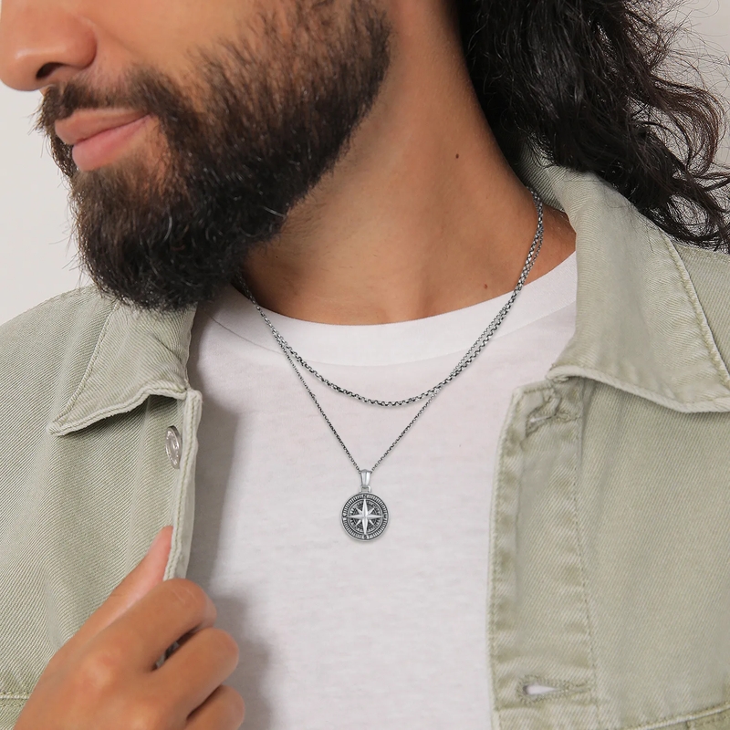 Kuzzoi Mittellange Halskette Halskette Herren Layer Erbskette Kompass 925 Silbe grau(Image 7)