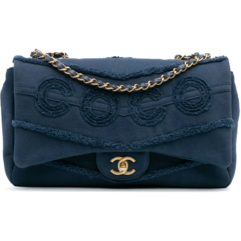 Chanel Sac à bandoulière Jumbo Chevron Denim Fringe Coco Flap blau