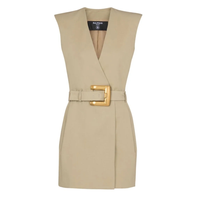 Balmain Mini-robe Structured Beige Cotton Gabardine Mini Dress Neutrals