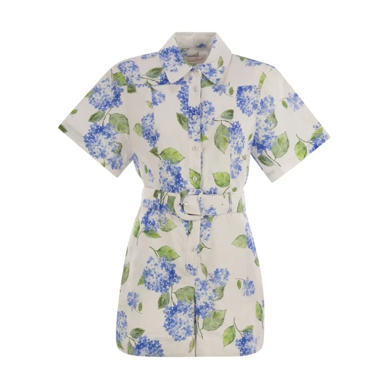 Mc2 Saint Barth Combinaison Carola - Linen Playsuit With Print White