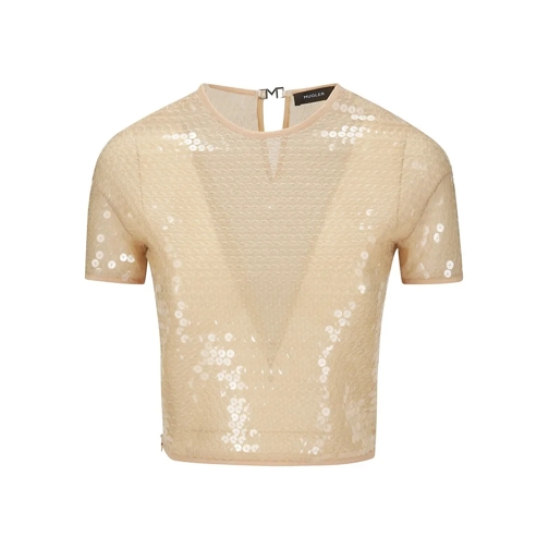 Mugler Chemisiers Sequined Crop Top With Short Sleeves Neutrals