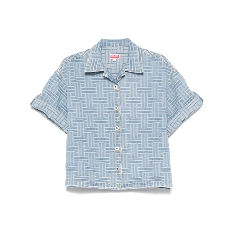 Kenzo Hemd Cropped Button-Up Top With Turn-Up Cuffs Blue