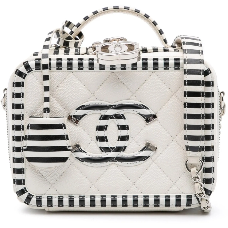 Chanel Nécessaire Small Caviar Striped CC Filigree Vanity Case weiß