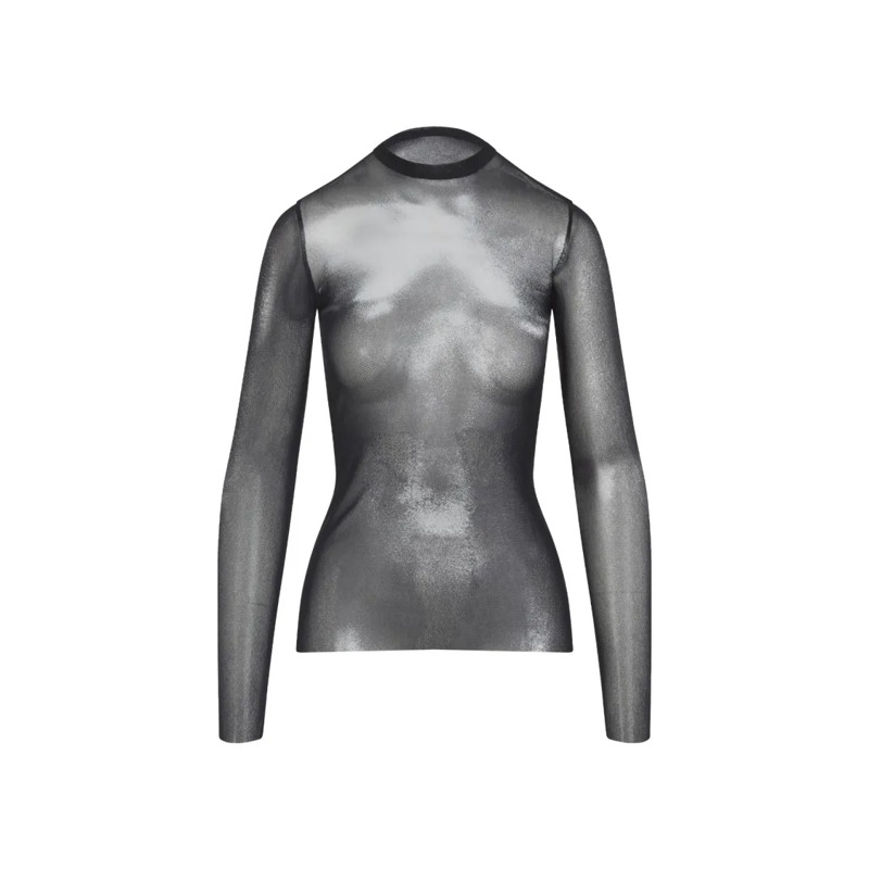 Jean Paul Gaultier Langärmeliges Oberteil Sheer Long-Sleeved Top With Fitted Silhouette Grey