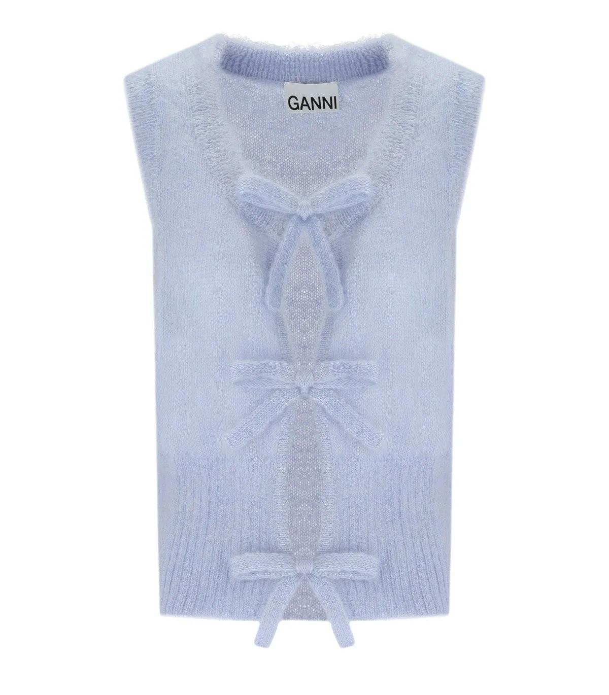 GANNI - GANNI HELLBLAUER ÄRMELLOSER CARDIGAN MIT SCHLEIFE - Größe XS - blau